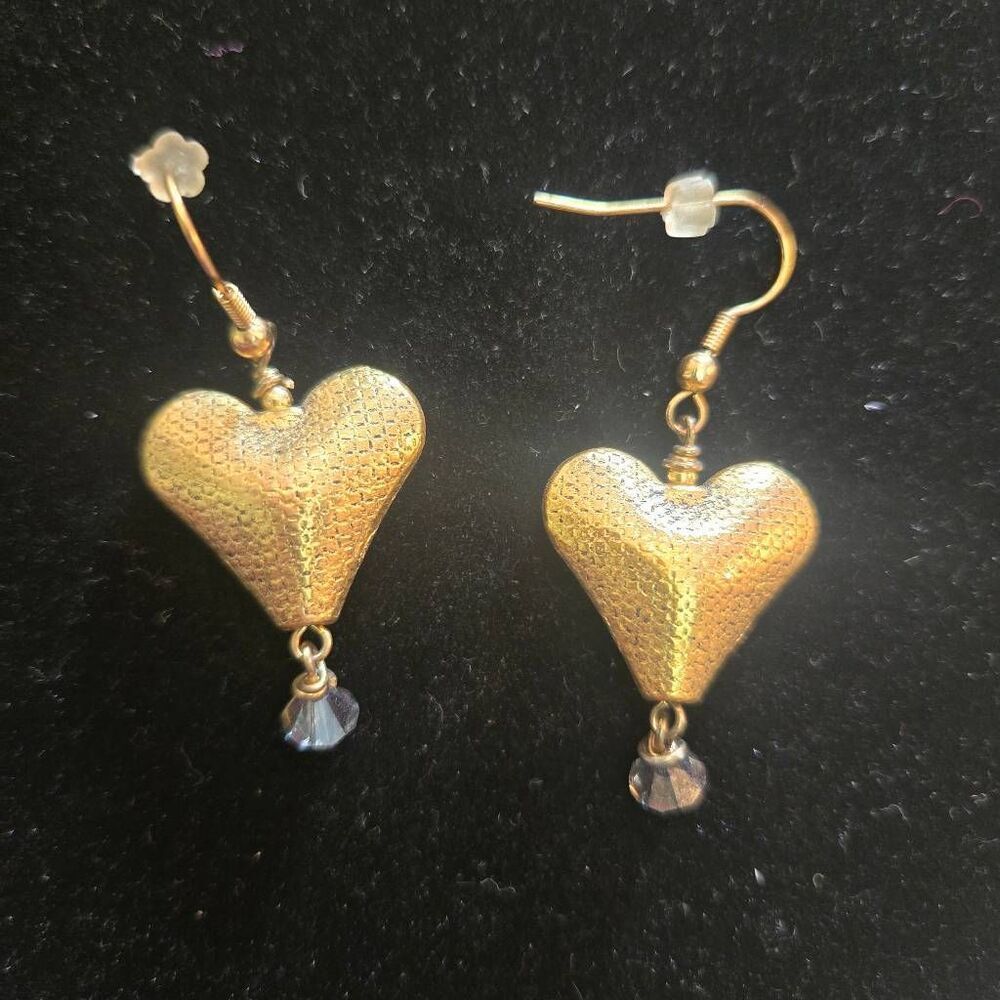 Gold Puffy Heart Dangle Drop Earrings